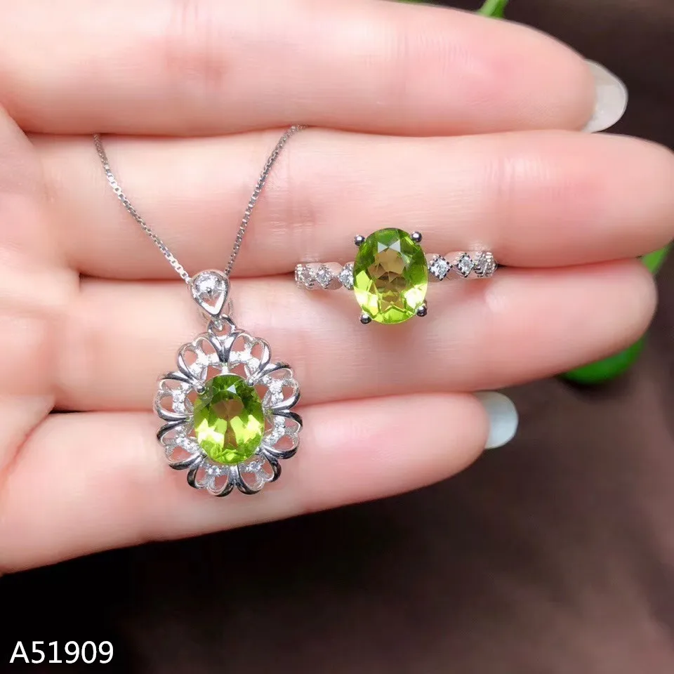 

KJJEAXCMY exquisite jewelry 925 sterling silver inlaid natural female olive stone ring necklace pendant set support test