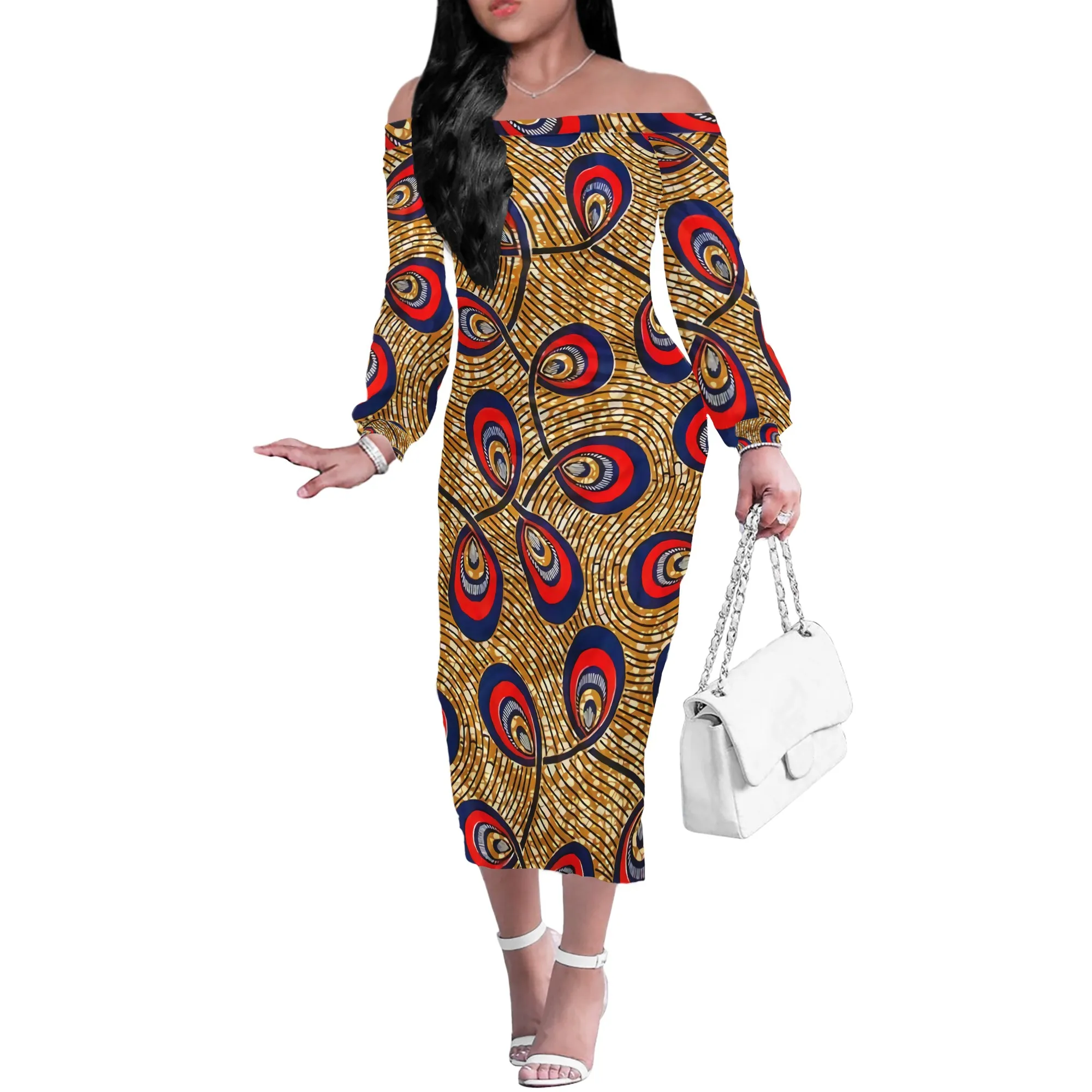 Design Vintage African Styles Printed  Long Sleeve Dresses Knee Length Womens Casual Spandex Dress Clothing