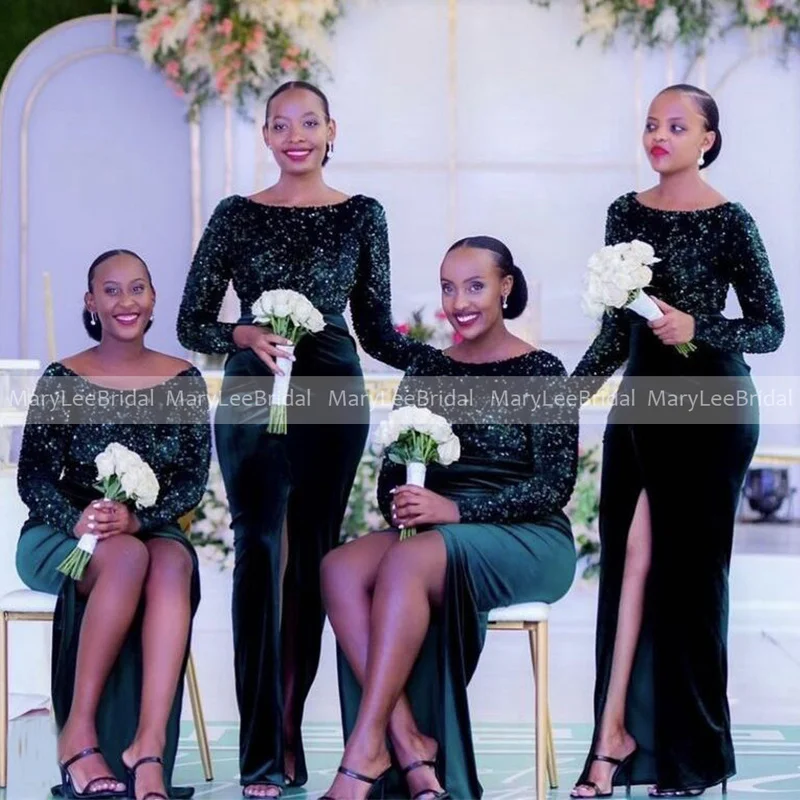 

African Women Dark Green Bridesmaid Dresses With Long Sleeve Shiny Sequins Bodice Velour Skirt High Slit Maid Of Honor Dress