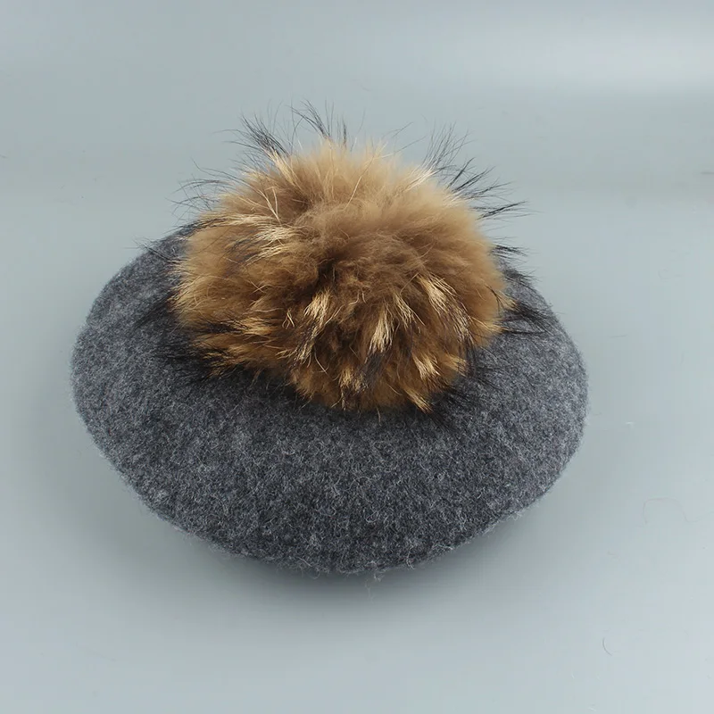 2022 New Big Real Fur Pompom Beret Women Vintage Artist Beret Hat Girls Autumn Spring Wool Knitted Cap