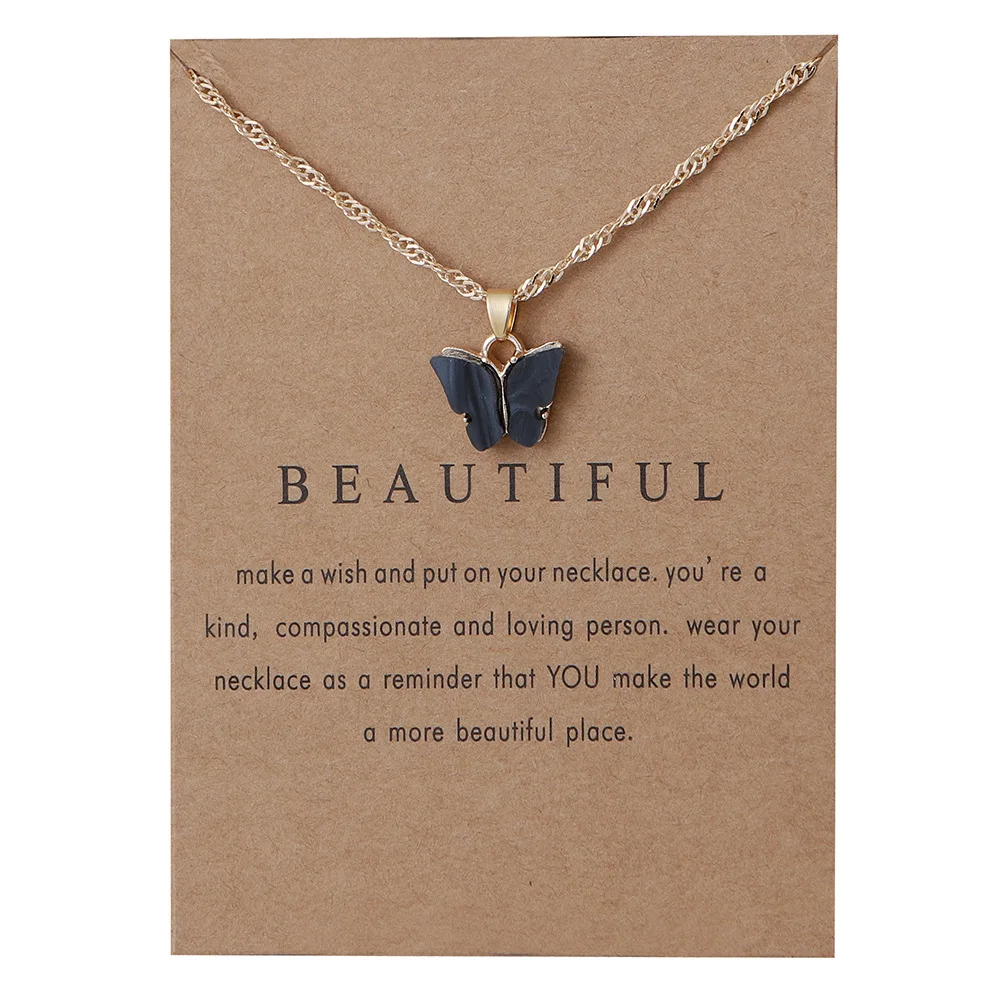 Korean Acrylic Cute Butterfly Pendant Necklace for Women Sweet animal Statement Necklace Jewelry With Gifts Card