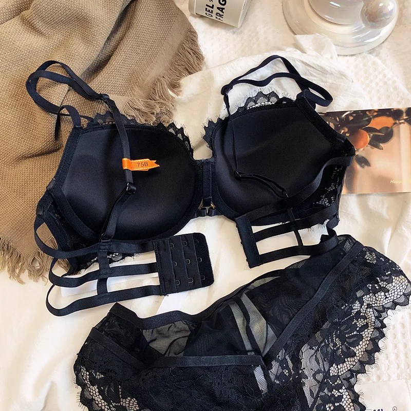 Half a cup gathered thick steel ring anti-sagging lace sexy bra underwear set push up women large size lingerie with panties set