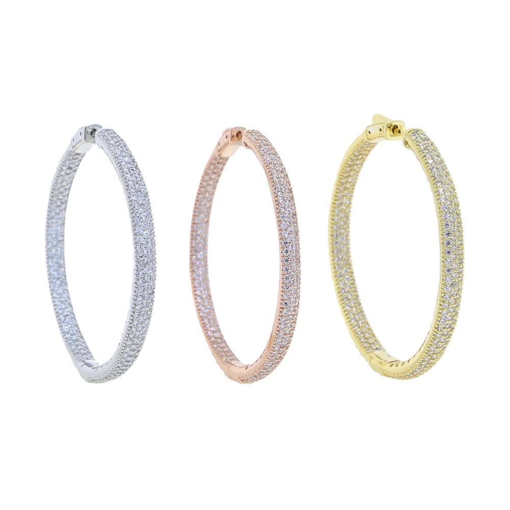 Wysokiej jakości Micro Pave Iced Out Bling cyrkonia Hoop kolczyk 50mm duże obręcze wspaniałe kobiety iskrzące kolczyki CZ — zdjęcie 3