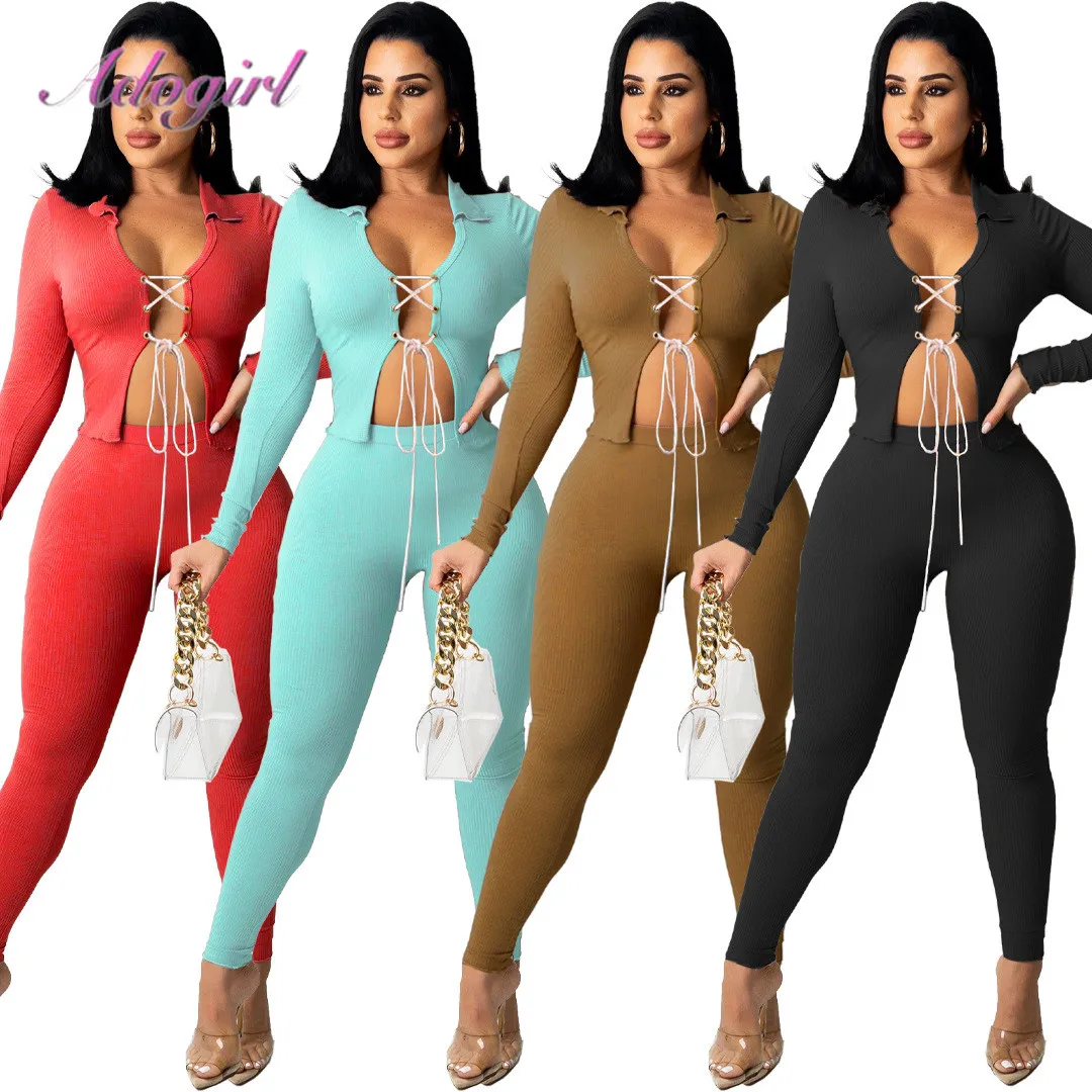 Womenrin Knitted Two Piece Set Workout Matching Set Solid Lace Up Hollow Out Crop Tops Leggings Sweatpants Suit Outfit Tracksuit