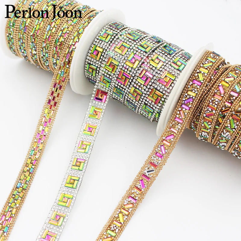 1 yard glittering Laser color glass strips arranged crystal ribbon rhinestone trim hot fix DIY ironing dress decoration TR119