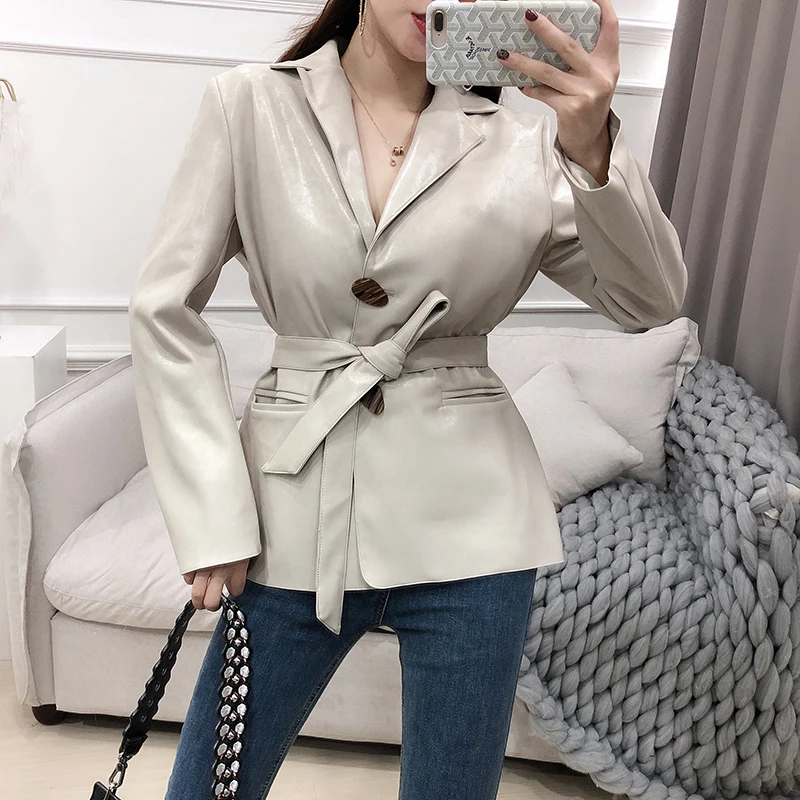 Fashion glossy pu leather jacket female bright shining pu leather outerwear green apricot leather jackets with belt F350