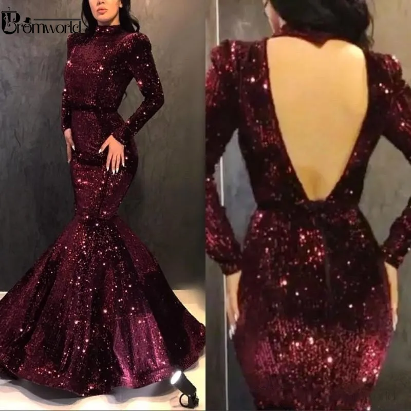 

Burgundy Muslim Evening Dresses 2021 Sexy Open Back Mermaid Sequin Full Sleeves Formal Prom Dress Long abiye gece elbisesi