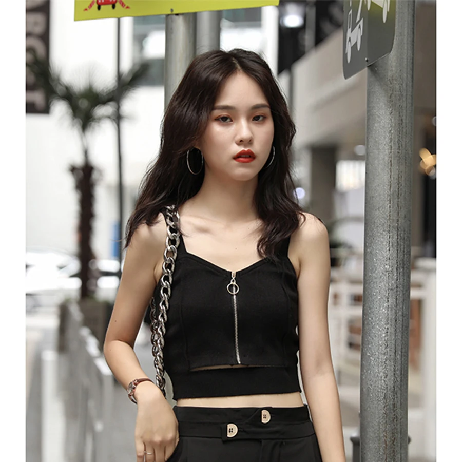 ITOOLIN Women Crop Top Club Sexy Zipper Cotton Camisole Ladies Sleeveless Solid Simple Straps Tops Women Black Knitted Tank Tops