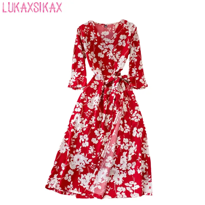 

LUKAXSIKAX New Spring Autumn Women Sexy Crossed V-Neck Long Sleeve Slim Long Dress Elegant Big Hem Sweet Floral Dress