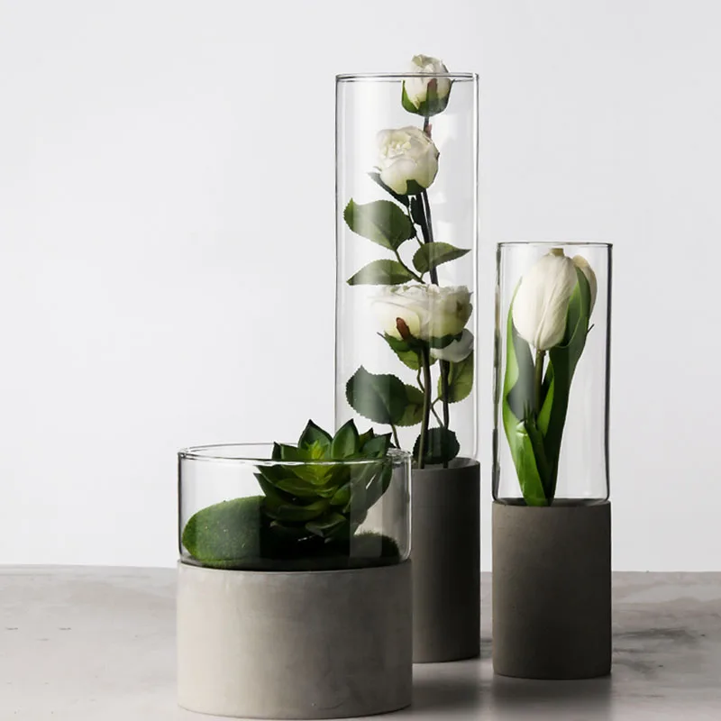 

Cement Glass Vase For Flowers hogar decoración Transparent Nordic Home Decoration Flower Hydroponic Terrarium Glass Vasi Wazon