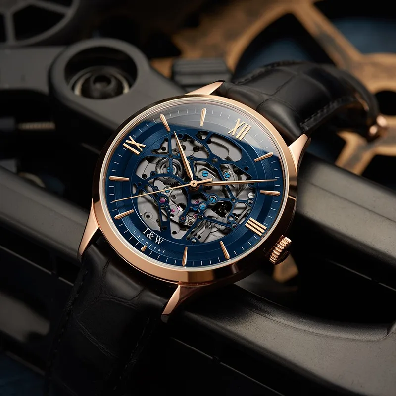 

Blue Skeleton Watch for Men Luxury Brand I&W Rose Gold Case Automatic Watch Sapphire Leather Strap Men Mechanical Wristwatches