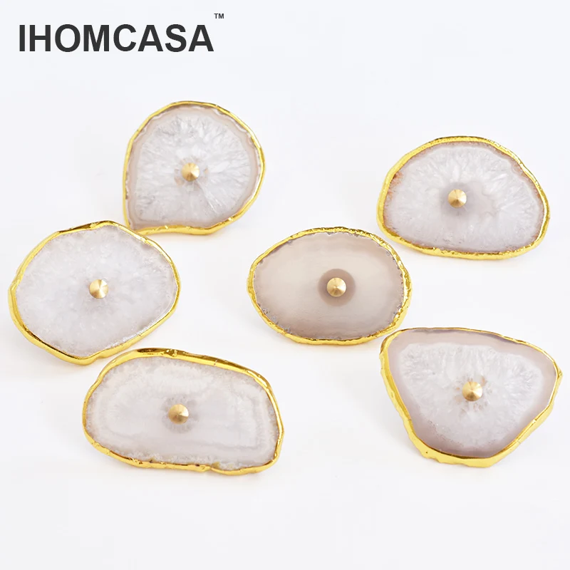 IHOMCASA Luxurious Brass Crystal Furniture Door Handles Wardrobe Cupboard Cabinet Knob Drawer Pull Natural Agate Stone Nordic