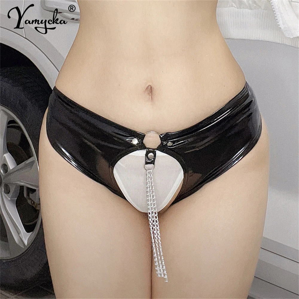 

Sexy pvc pole dance latex short pants women bdsm fetish crotchless leggings open croch outdoor sex shorts pants exotic apparel