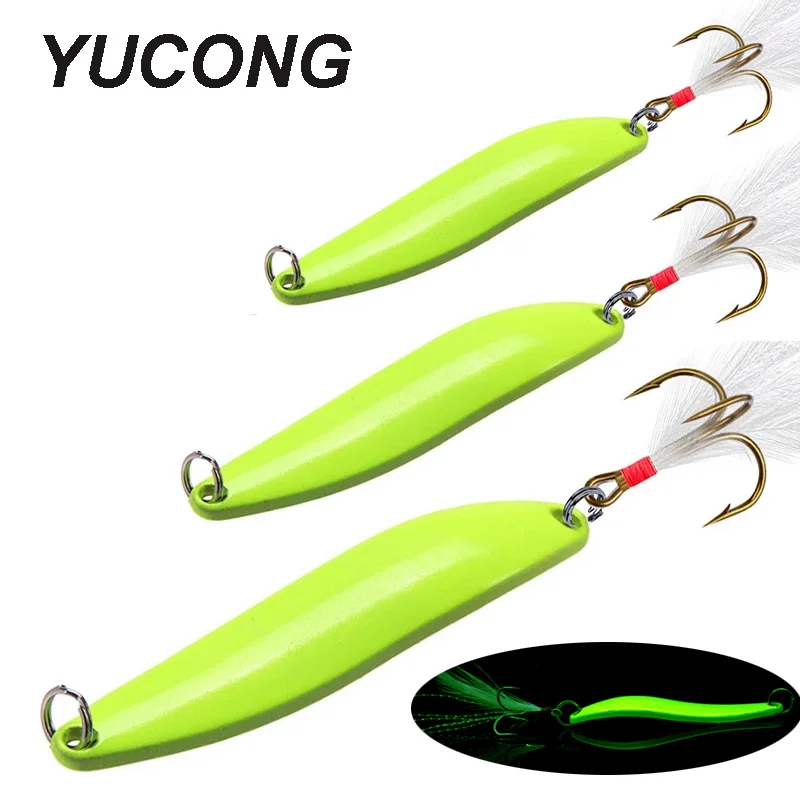 YUCONG 1 szt. Luminous metalowa łyżka 5-7-10-13g Spinnerbait Fishing Lure Glow cekinowa przynęta z piórkowym kotwiczką leurre Pesca Isca