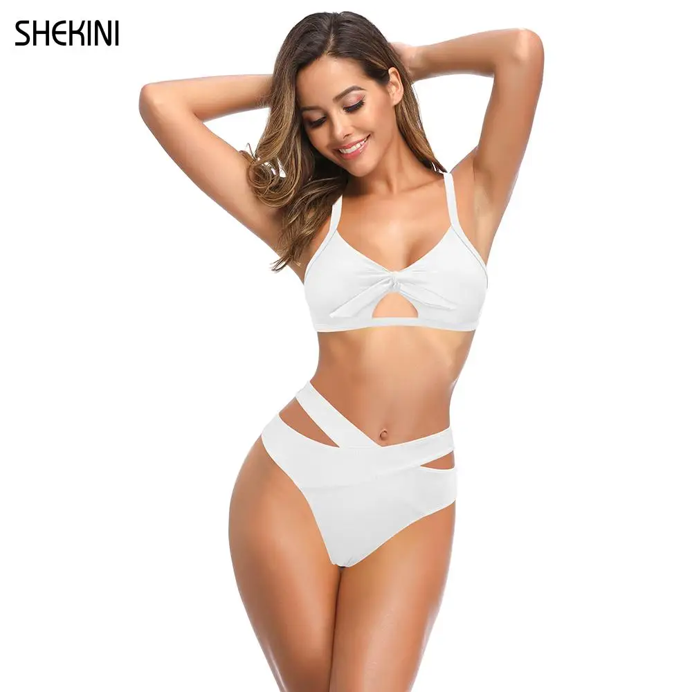 

SHEKINI Women's Tie Knot Front Cutout Bikini V-Neck Bathing Suit Two Piece Swimsuit Elastic Resilience Spaghetti Shoulder Straps