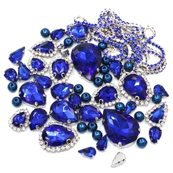 New Arrival Drop Shape Royal Blue Mix Size Glass Crystal Stones Pearl Beads Cup Chain Rim Rhinestones For Clothing/Wedding Dress