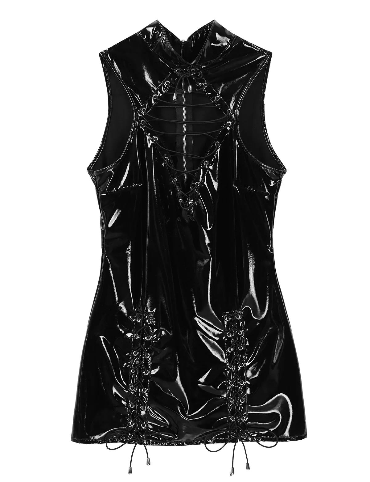 Womens Ladies Fashion Sexy Dress Patent Leather Front Hollow Out Lace up Latex Bodycon Mini Dress for Cocktail Party Clubwear