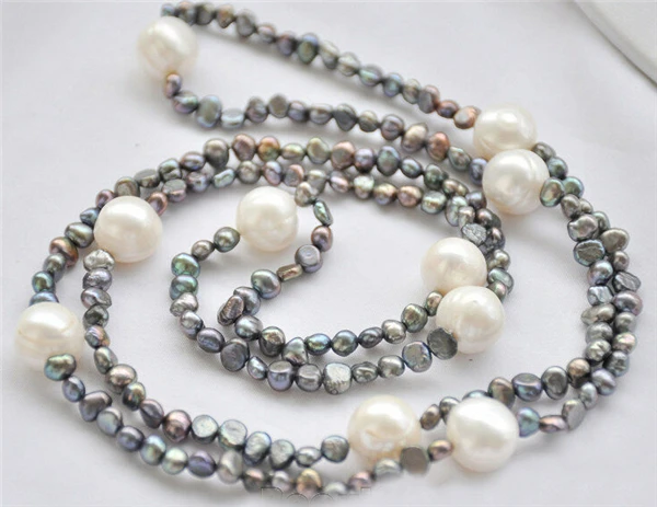 

HABITOO Casual 10-11mm Natural White Round/6-7mm Black Baroque Freshwater Pearl Mix Long Necklace 36 Inch for Fashion Jewelry