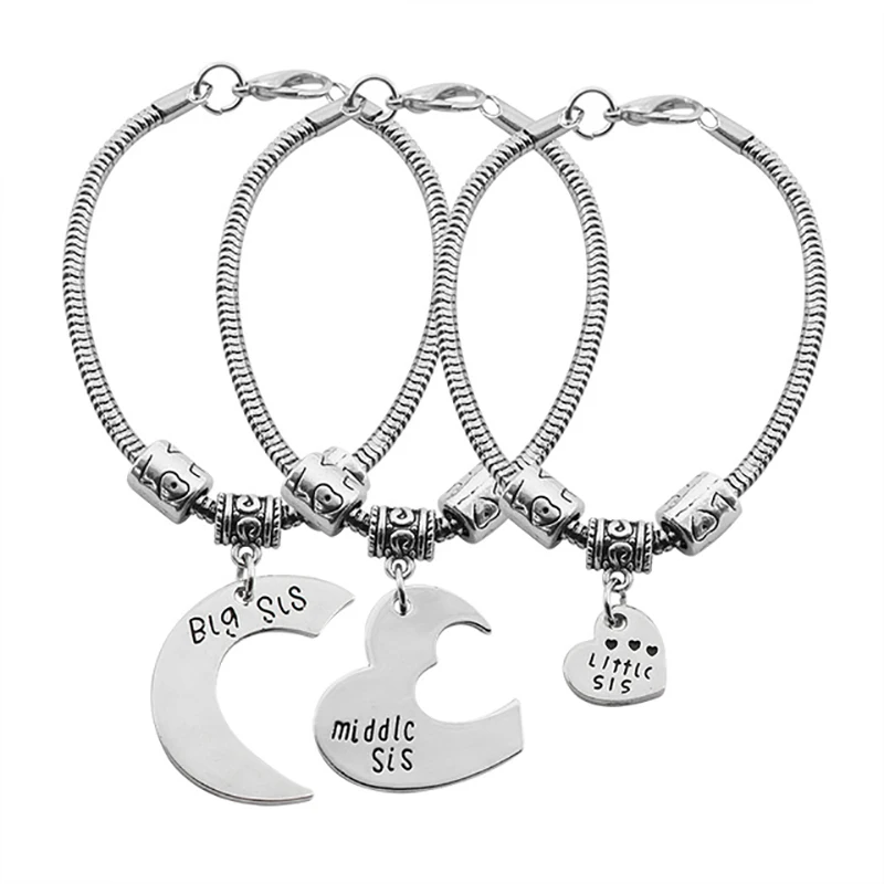 3 Piece Set Of Sister Bracelets Large Medium And Small Sisters Heart Pendant Friendship Metal Hand Chain Fashion Girl Jewelry