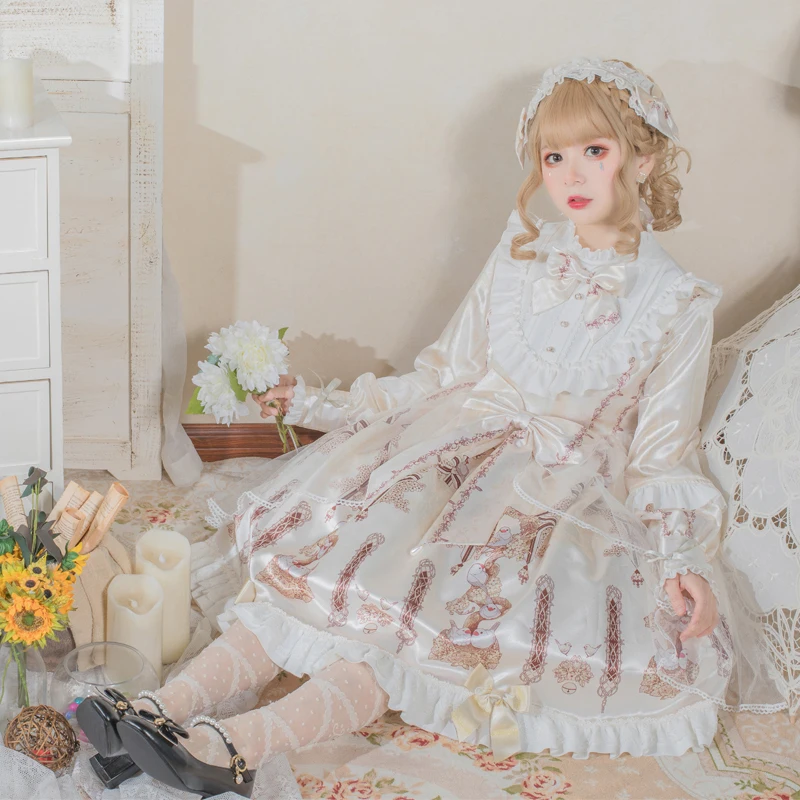 Original genuine lolita finch com creme flor op manga longa reflexiva vestido diário outono e inverno lolita vestido