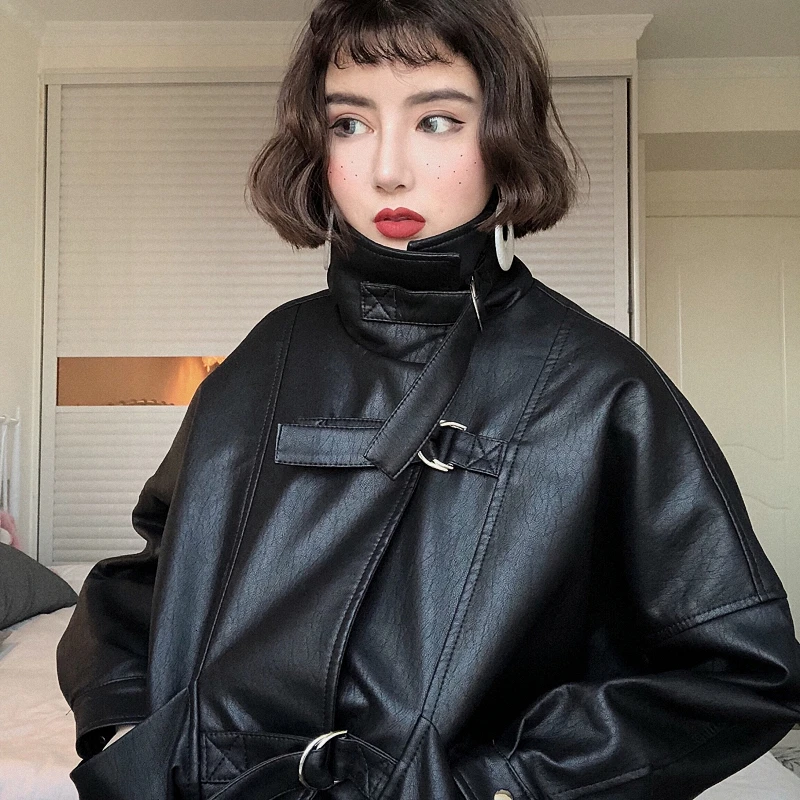 Women Faux Leather Jacket Batwing Sleeve Moto Biker Coat Short Zipper PU Black Jacket Spring Street Leather Coat PY102