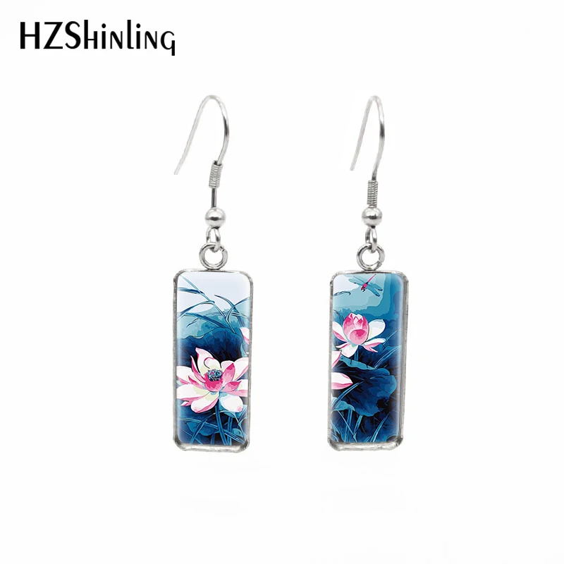 2020 New Lotus flower Earring Canvas Paintings Rectangular Earrings Handmade Fish Hook Earrings Glass Photo Jewelry