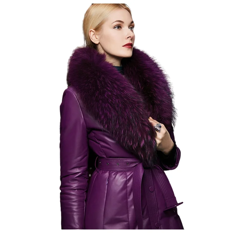 Luxury Medium Length Sheepskin Coat for Women, Elegant Lady, Thickened Leather Down Jacket, Big Raccoon Fur Collar, Genuine Coat