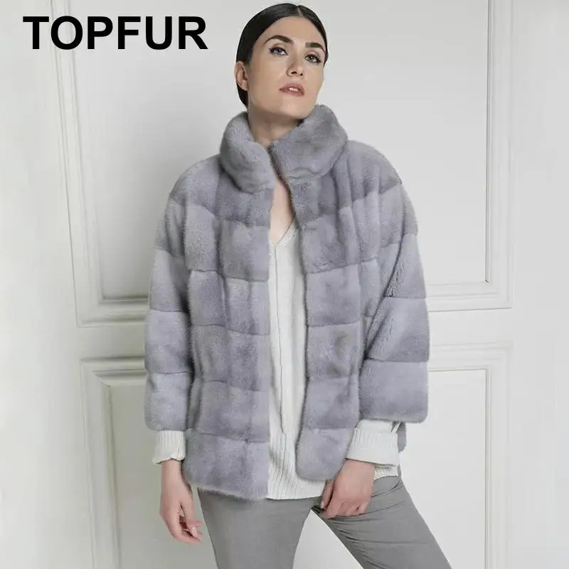 

TOPFUR Light Gray Coat Women Leather Jacket Winter Coat Women Real Fur Coat With Fur Collar Plus Size Nine Quarter Sleeves