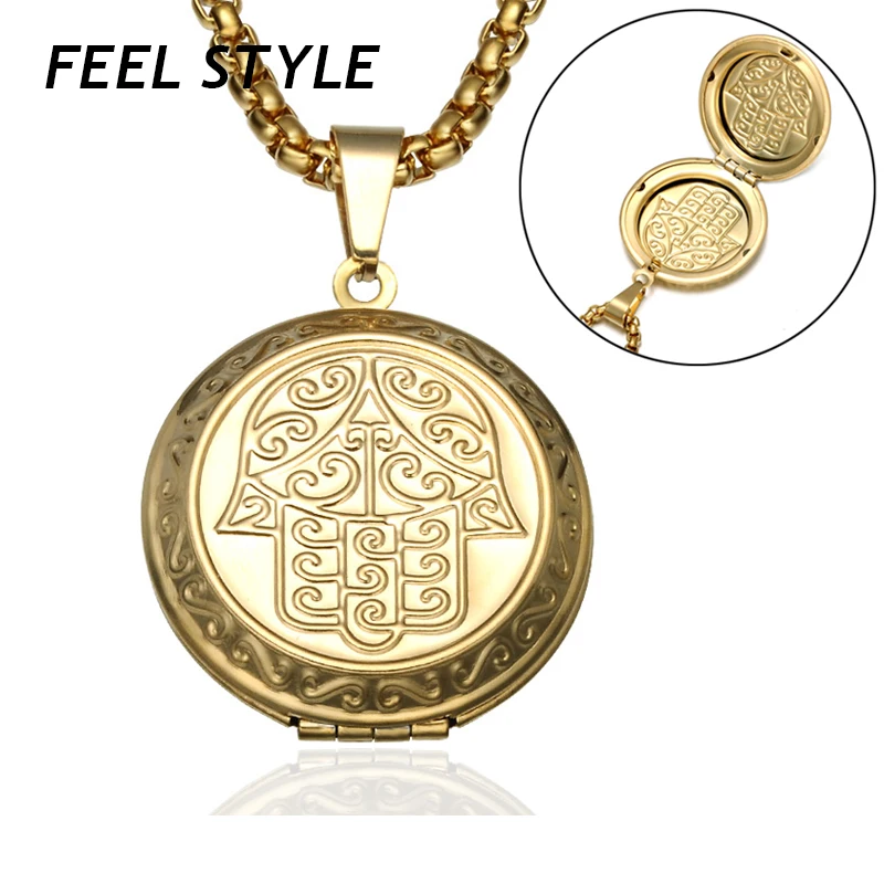 Stainless Steel Fatima Hand Necklaces Geometric Round Can Open Photo Frame Pendant Collares For Men Women