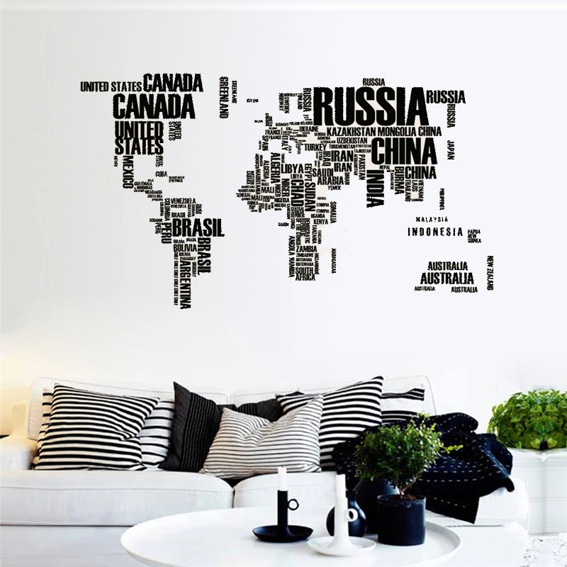 Black English Country Name World Map Wall Stikers For Office Classroom Study Room Livingroom Home Decoration Pvc Mural Art Decal