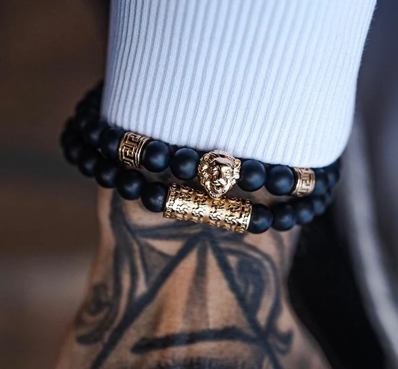 High Quality New Design Natural Stone Tiger Eye Onyx Lava Rock Beads Stainless Steel Lion Charm Elastic Bracelet Men Jewelry