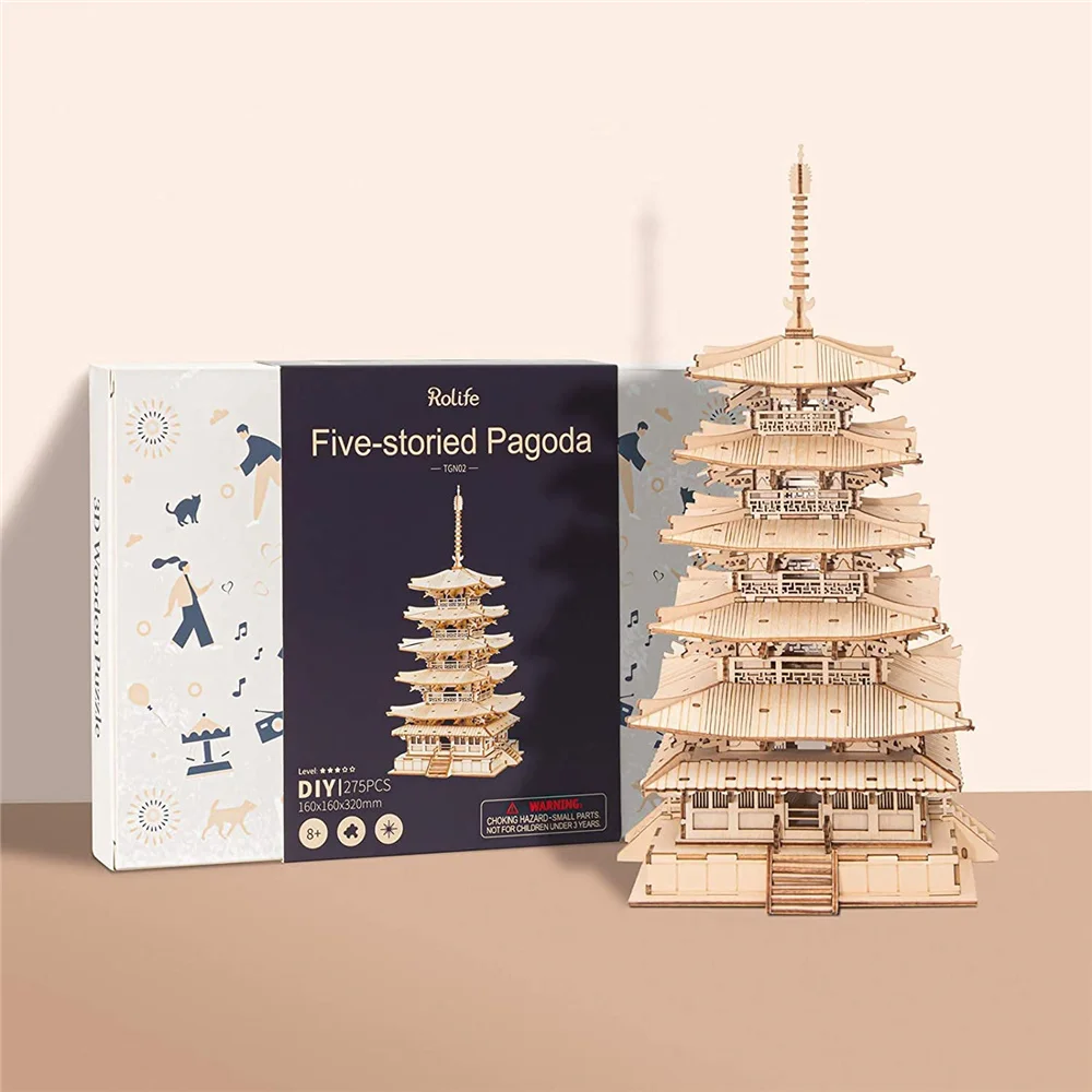 Robotime Rolife 275pcs DIY 3D Vijf verdiepingen Pagode Houten Puzzel Spel Assemblage Constructor Speelgoed Cadeau voor Kinderen Tiener volwassen TGN02