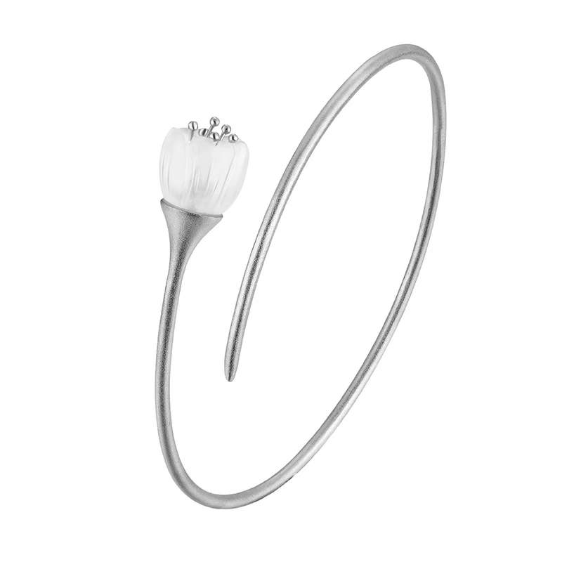 Lotus Fun Real 925 Sterling Silver Natural Crystal Handmade Designer Fine Jewelry Lily of the Valley Flower Bangle for Women