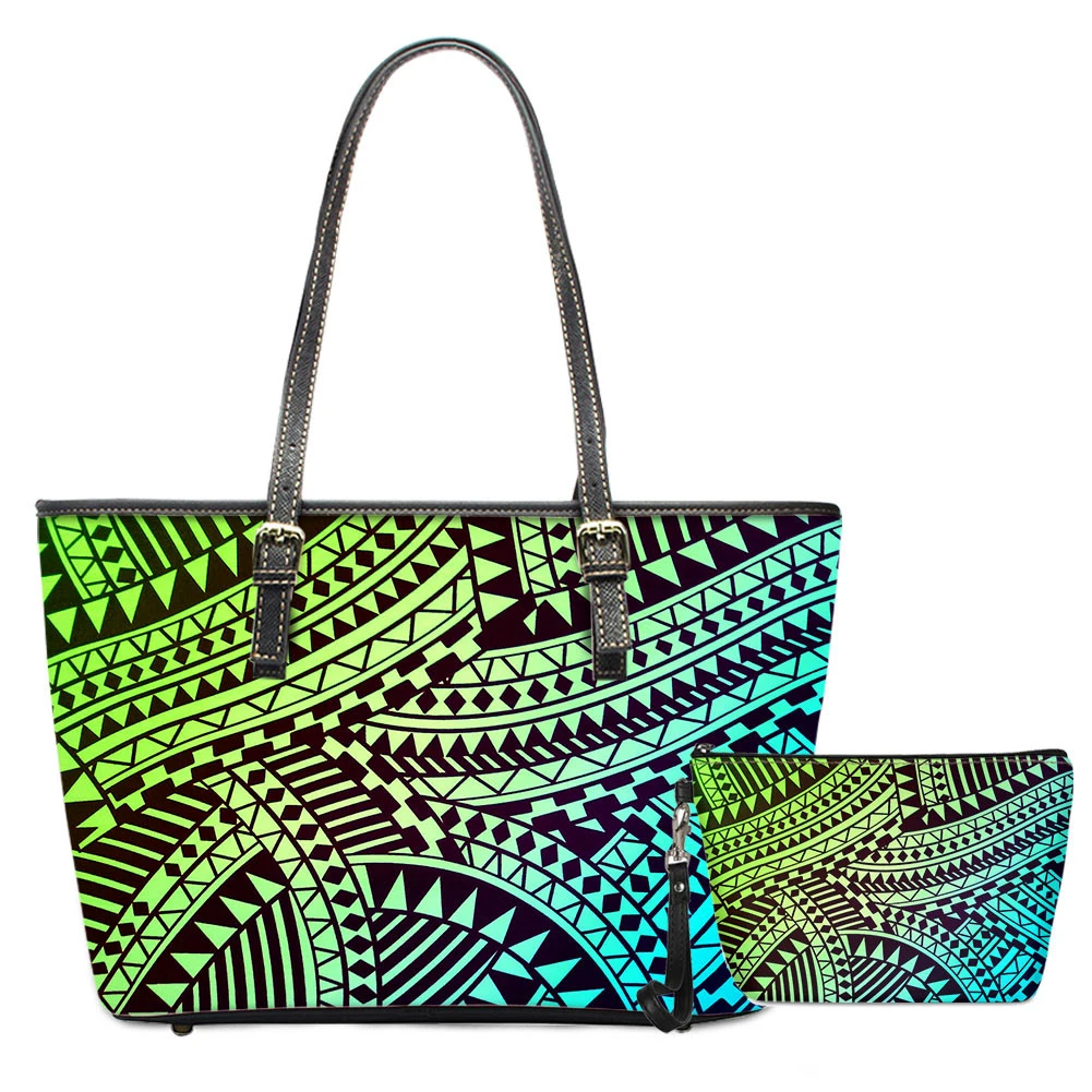 

Noisydesigns Women Shoulder Bag Set Hawaii Gradient Polynesian Tribe Pattern 3D Print Luxury Leather Handbag And Clutch Purse