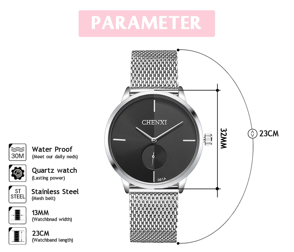 CHENXI Fashion Blue Watch Women Stainless Steel Mesh Band Quartz Wristwatches Ladies Small Seconds Watches Female Clock Gift