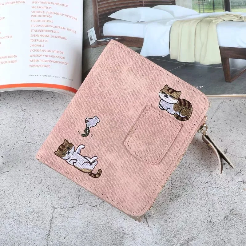 2020 INS Mori Cute Wallet Women Embroidery Cat Wallet Zipper Coin Purse Short Women Wallet Mini Cards Holder Bag Carteras Mujer