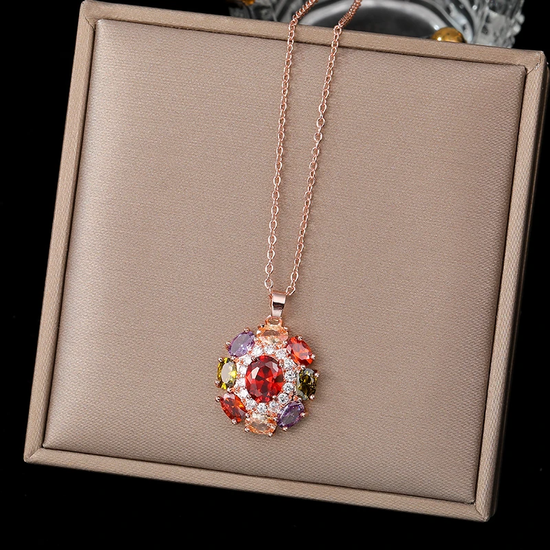 Colorful rose gold ladies flower necklace Design Sense  Luxurious Pendant   Necklace For Woman 2021 Fashion Jewelry