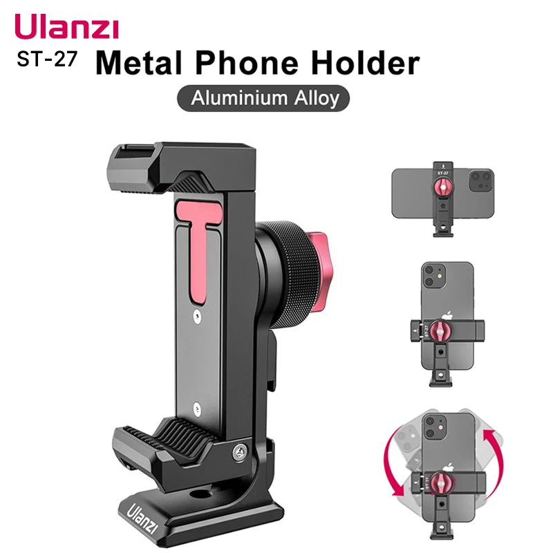 Ulanzi ST-27 Metal Phone Holder Clamp With Cold Shoe Arca 360°Rotatable tripod Mount Clip for TikTok Vlog Photography