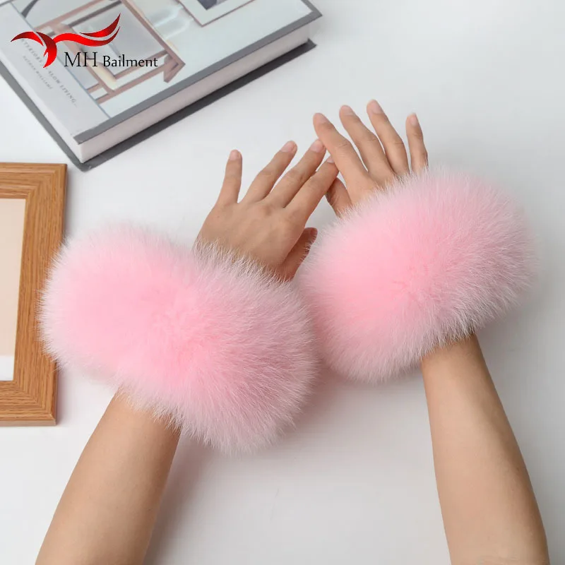 Women 100% Real Fox Fur Wrist Cuffs Winter Warmer White Arm Warmers Covers Luxury Natural Fashion Lady Detachable Sleeves