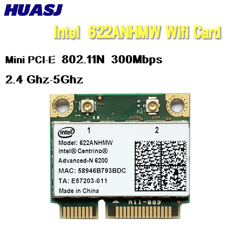 Huasj Advanced-N Intel 6200 622ANHMW Dual Band (2.4GHz & 5GHz) 2x2 MINI PCI-E 300Mbps Card