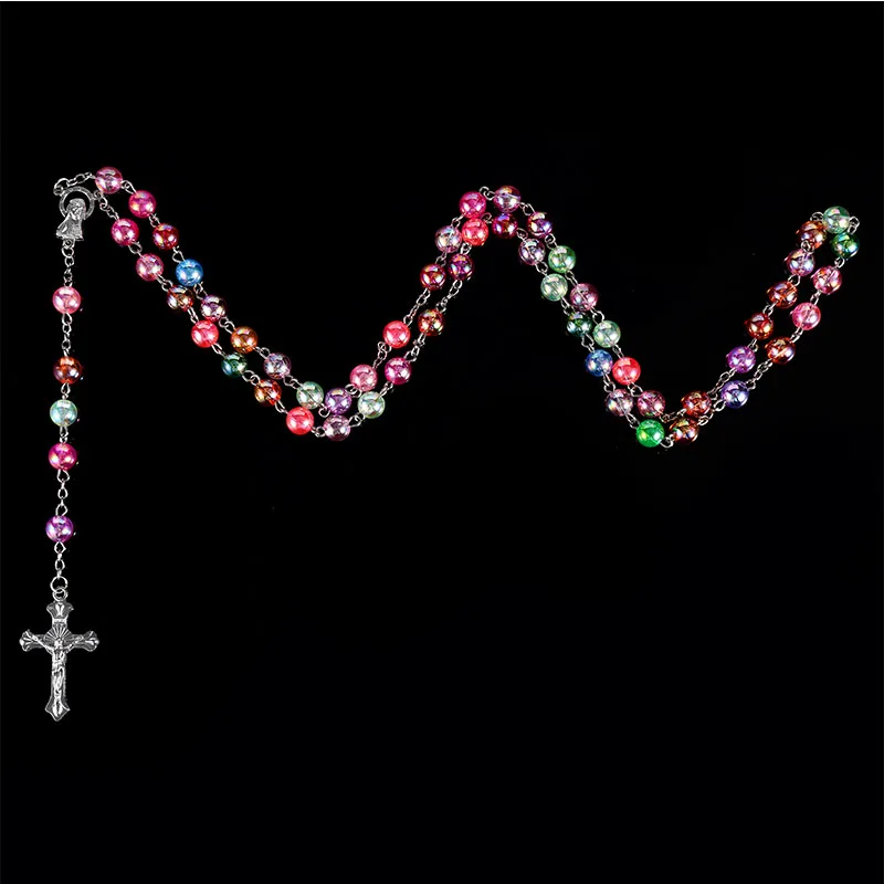 Virgin Mary Catholic Jesus Christ Religious Jewelry Female Glass Pearl Long Chain Rosary Necklace