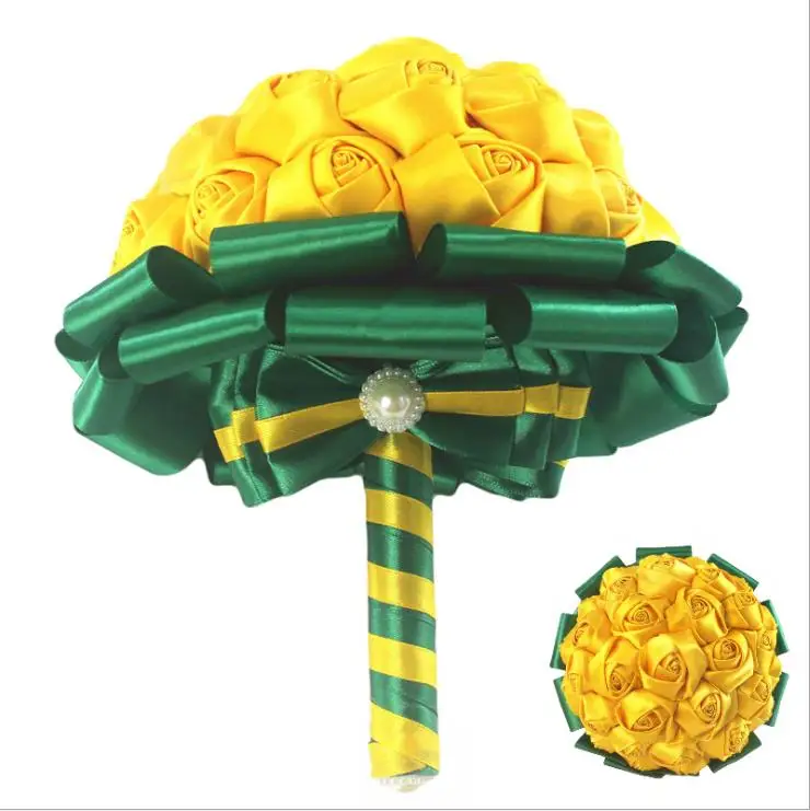 

EillyRosia Sounth Africa Bridal Bouquet Yellow Green Handmade Contrasting Ribbon Wedding Bouquet for Bridesmaid Holding Flowers