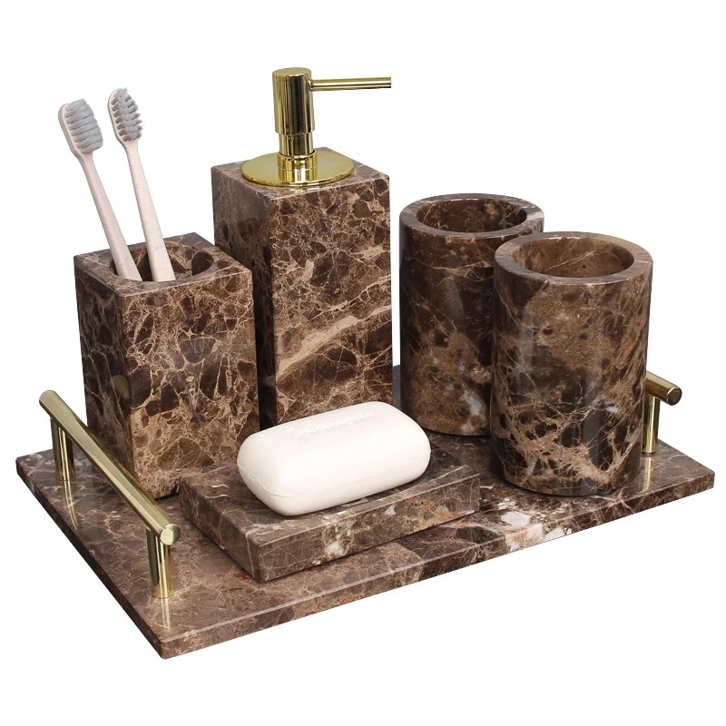 Tuqiu Bathroom Accessories Set Marble Gold Soap Dispenser Tooth Brush Holder Cotton Swab Box Luxury Bathroom Hardware Set