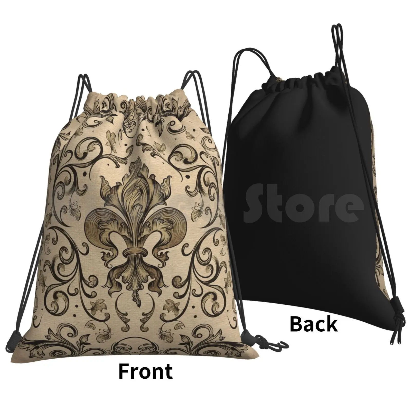 Vintage Fleur-De-Lis Ornament Backpack Drawstring Bag Riding Climbing Gym Bag Fleur De Lis Fleur De Lys Lily Lily Petals