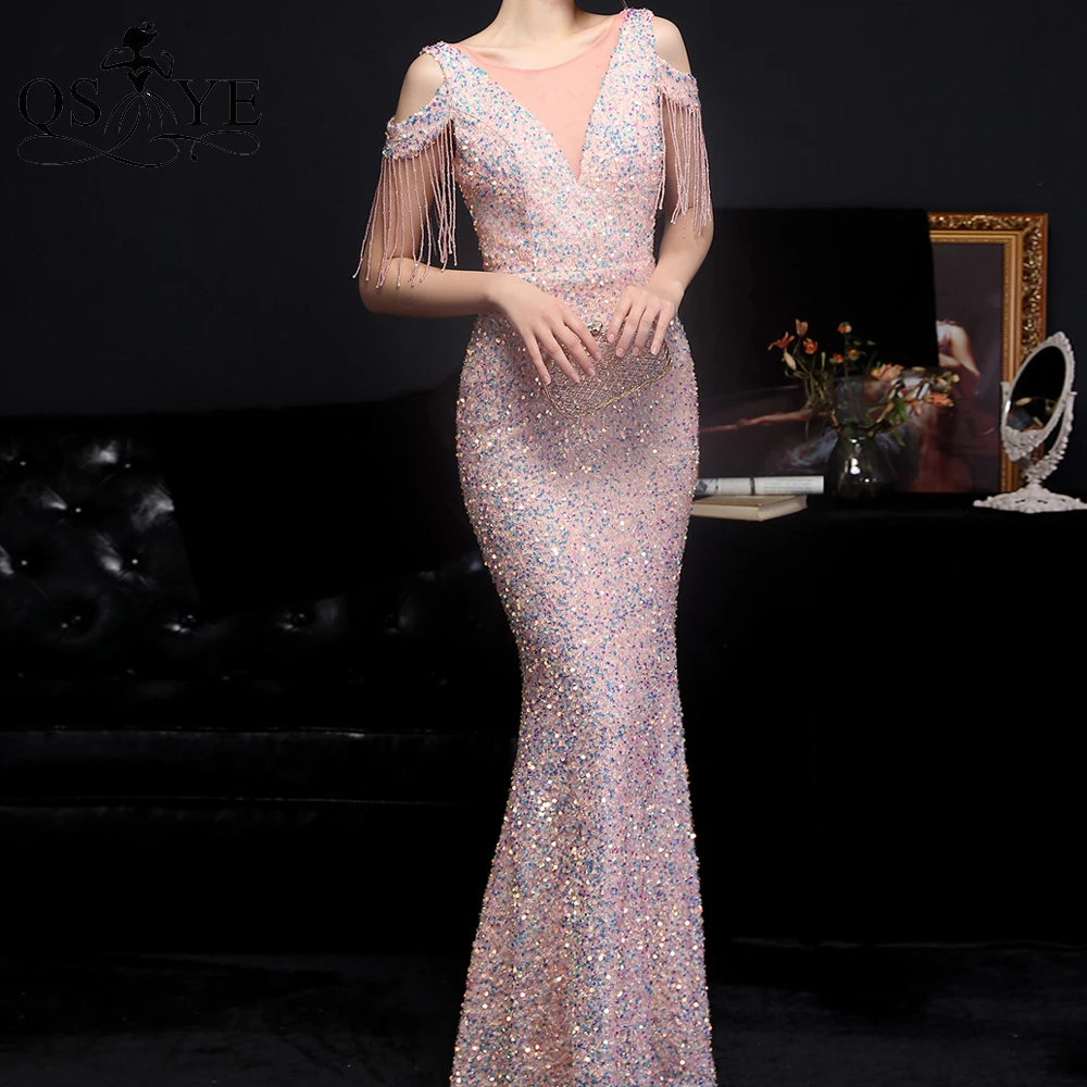 QSYYE Sparkle Pink Evening Dress Sequin Evening Gown Fitted Glitter Shiny Side Sleeves Party Dress Mermaid V Neck Formal Gown