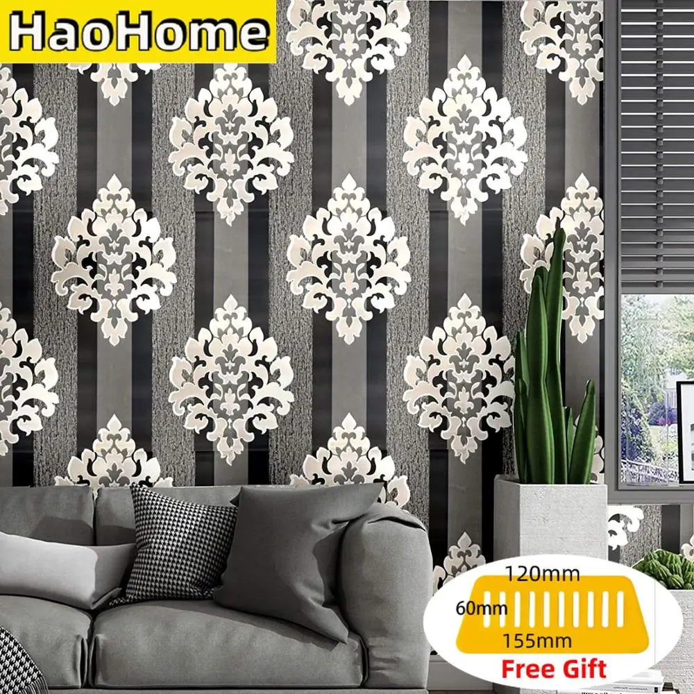 HaoHome Modern Black Siver Damasks Wallpaper Peel and Stick Wallpaper Wall Decor Vinyl Self Adhesive Contact Paper Decorative