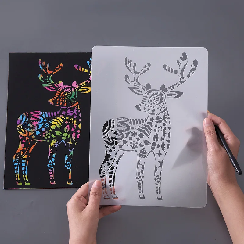 Animal Tiger Elk Scratch Art Paper A4 Hollow Out Painting Template Scratch Painting Mould DIY Scrapbooking Journal Decoration