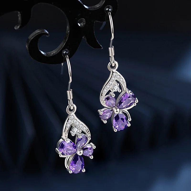 HuiSept Fashion Silver 925 Earrings Jewelry Butterfly Shape Amethyst Zircon Gemstones Ornaments Drop Earrings for Women Wedding