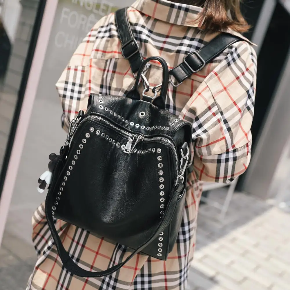 Luxury Women Genuine Leather Backpack Rivet Multifunctional Shoulder Bag Female Retro Travel Bag Teenage Girls Fashion Schoolbag