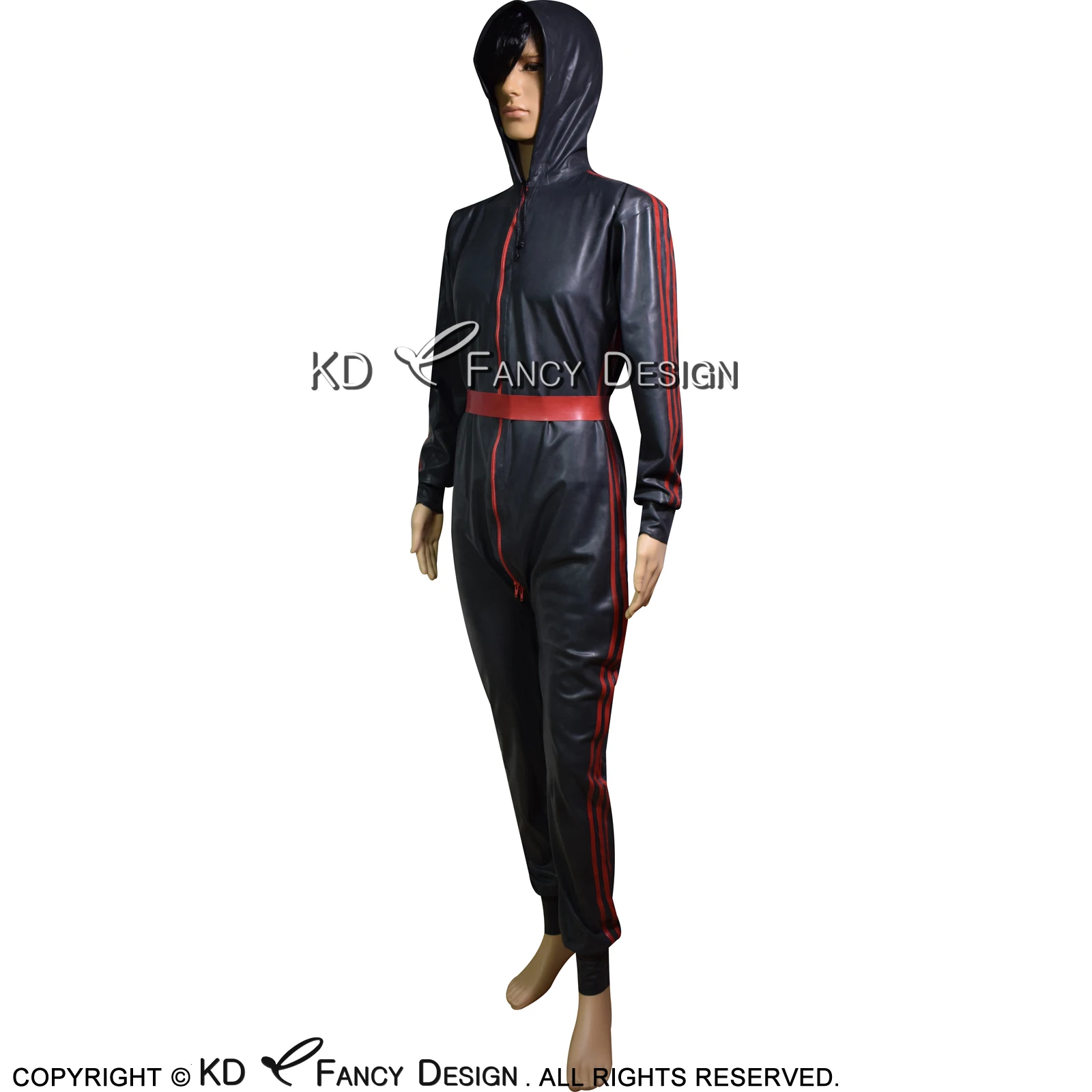 Black And Red Military Sexy Latex Catsuit With Hoodies Belt Stripes At Sides Rubber Bodysuit Zentai Overall Body Suit LTY-0215